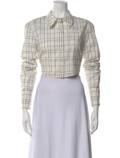 Pre-owned Staud Plaid Print Long Sleeve Crop Top In White
