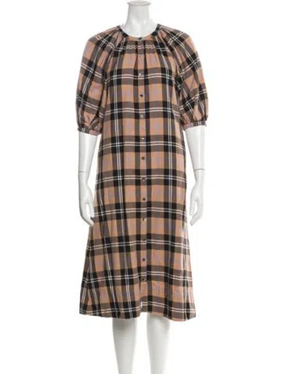 Pre-owned Staud Plaid Print Midi Length Dress In Brown