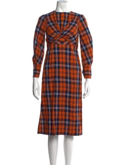 Pre-owned Staud Plaid Print Midi Length Dress In Orange