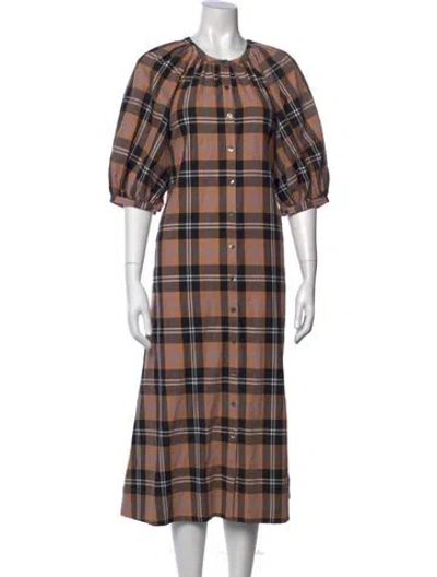 Pre-owned Staud Plaid Print Midi Length Dress In Orange