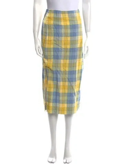 Pre-owned Staud Plaid Print Midi Length Skirt In Yellow