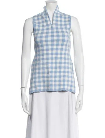 Pre-owned Staud Plaid Print Mock Neck Top In Blue