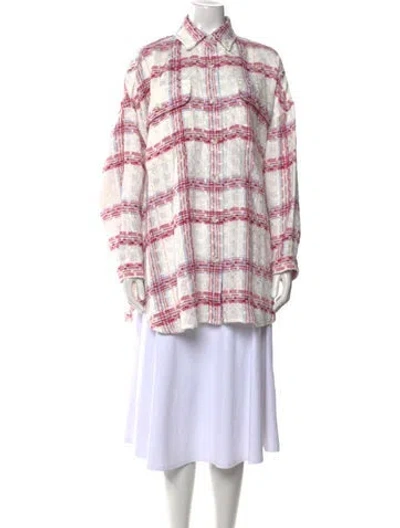 Pre-owned Staud Plaid Print Mock Neck Tunic In White