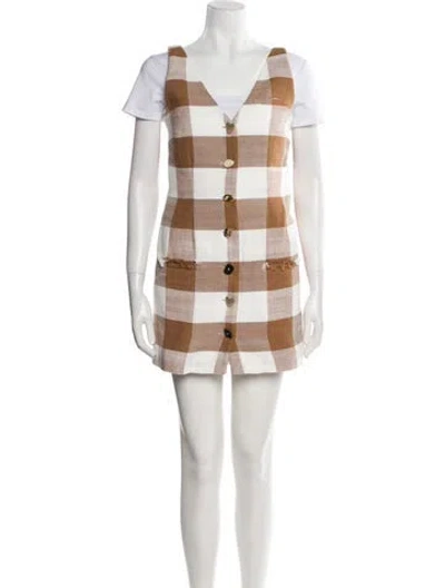Pre-owned Staud Plaid Print Raw-edge Trim Skirt Set In Brown