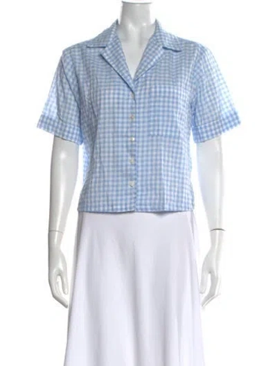 Pre-owned Staud Plaid Print Short Sleeve Button-up Top In Blue