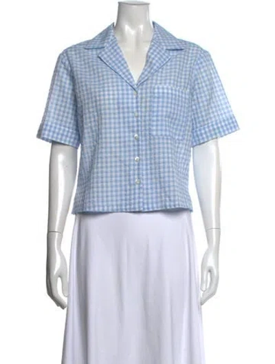 Pre-owned Staud Plaid Print Short Sleeve Top In Blue