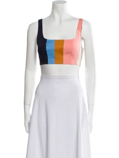 Pre-owned Staud Plaid Print Square Neckline Crop Top In Blue