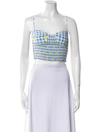 Pre-owned Staud Plaid Print Square Neckline Crop Top In Blue