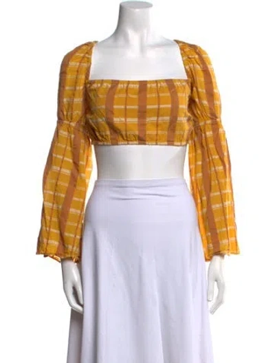 Pre-owned Staud Plaid Print Square Neckline Crop Top In Yellow
