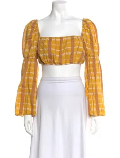 Pre-owned Staud Plaid Print Square Neckline Crop Top In Yellow