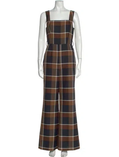 Pre-owned Staud Plaid Print Square Neckline Jumpsuit In Brown