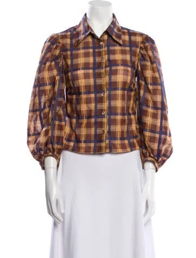 Pre-owned Staud Plaid Print Three-quarter Sleeve Button-up Top W/ Tags In Brown
