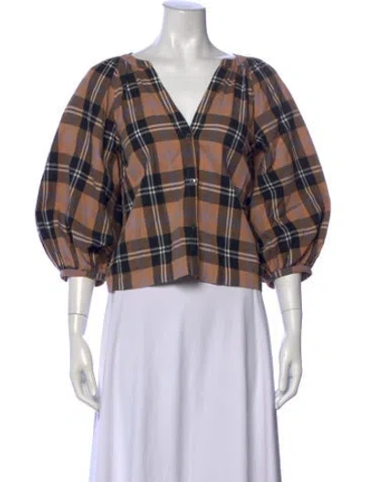 Pre-owned Staud Plaid Print V-neck Blouse