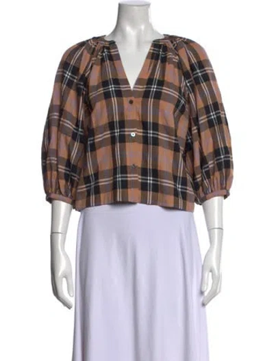 Pre-owned Staud Plaid Print V-neck Blouse In Black/orange