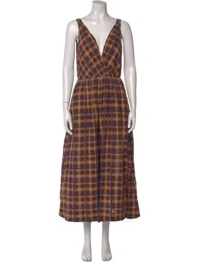 Pre-owned Staud Plaid Print V-neck Jumpsuit In Brown