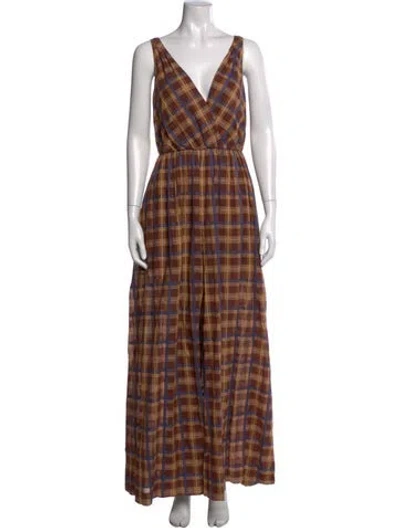 Pre-owned Staud Plaid Print V-neck Jumpsuit In Brown