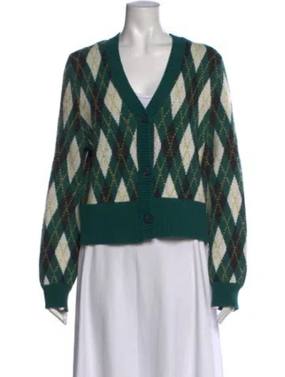 Pre-owned Staud Plaid Print V-neck Sweater In Green