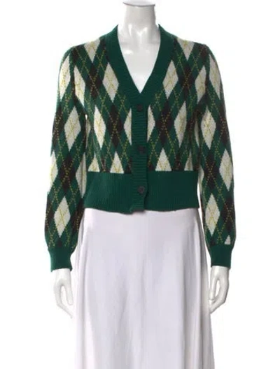 Pre-owned Staud Plaid Print V-neck Sweater In Green