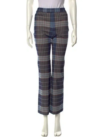 Pre-owned Staud Plaid Print Wide Leg Pants In Blue