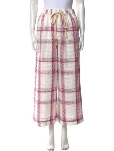 Pre-owned Staud Plaid Print Wide Leg Pants In White
