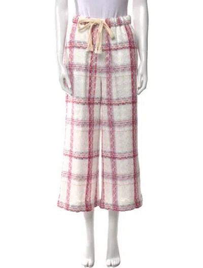 Pre-owned Staud Plaid Print Wide Leg Pants In White