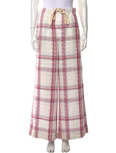 Pre-owned Staud Plaid Print Wide Leg Pants In White