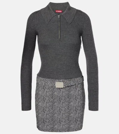 Staud Platt Mixed Media Long Sleeve Minidress In Textured Herringbone