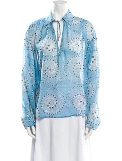 Pre-owned Staud Polka Dot Print Long Sleeve Button-up Top In Blue