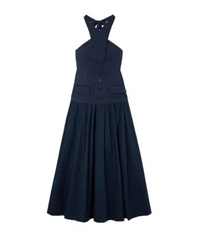 Staud Poplin Halterneck Maxi Dress In Blue