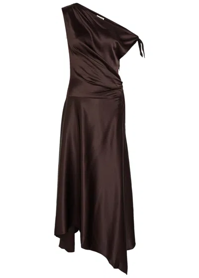 Staud Portia Asymmetric Stretch-silk Midi Dress In Burgundy