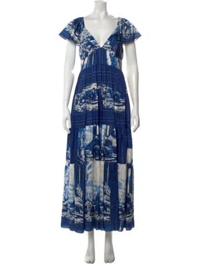 Pre-owned Staud Printed Long Dress In Blue