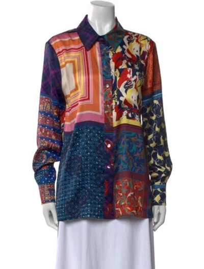 Pre-owned Staud Printed Long Sleeve Button-up Top In Blue