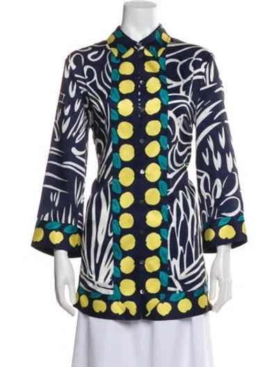 Pre-owned Staud Printed Long Sleeve Button-up Top In Blue