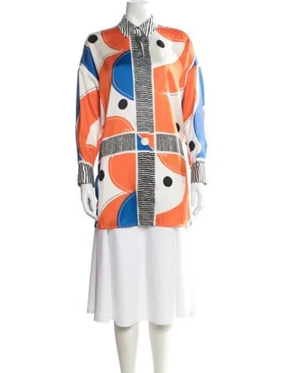 Pre-owned Staud Printed Long Sleeve Button-up Top In Orange