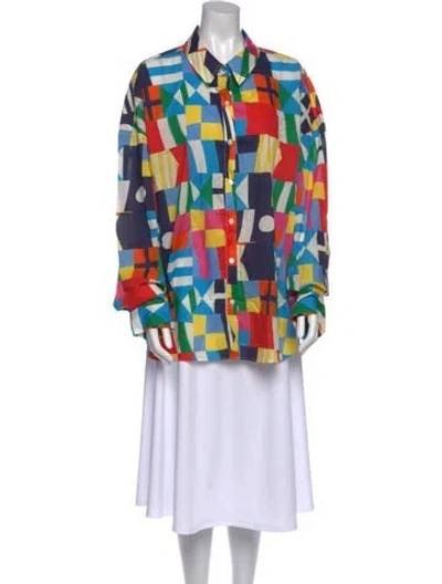 Pre-owned Staud Printed Long Sleeve Tunic In Blue