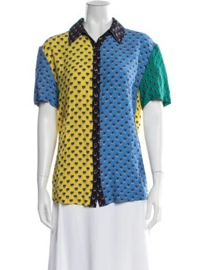 Pre-owned Staud Printed Short Sleeve Button-up Top In Yellow