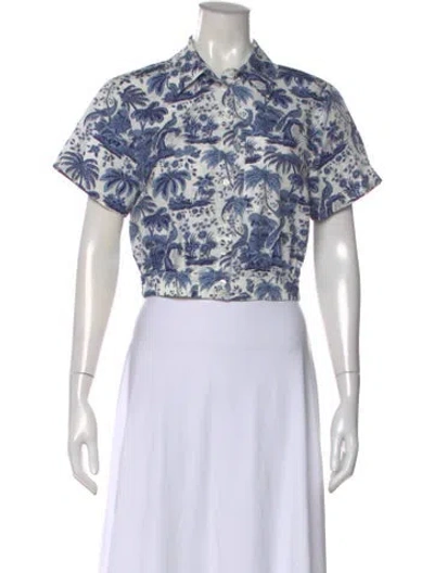 Pre-owned Staud Printed Short Sleeve Crop Top In Blue
