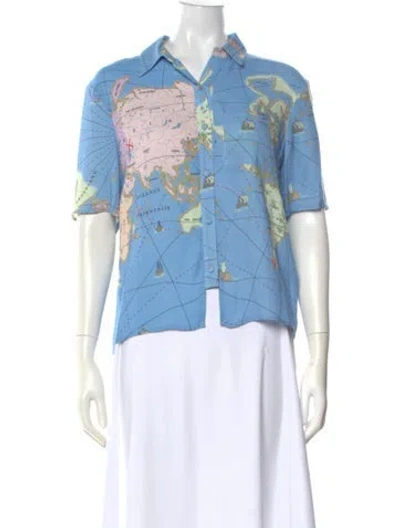 Pre-owned Staud Printed Short Sleeve Top In Blue