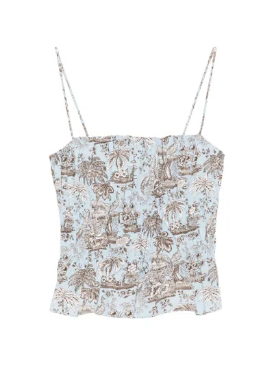 Staud Printed Spaghetti Straps Mini Top With Shirred Detail In White