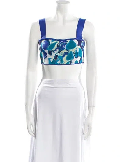 Pre-owned Staud Printed Square Neckline Crop Top In White