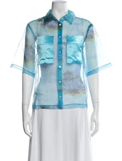 Pre-owned Staud Printed Three-quarter Sleeve Button-up Top In Blue