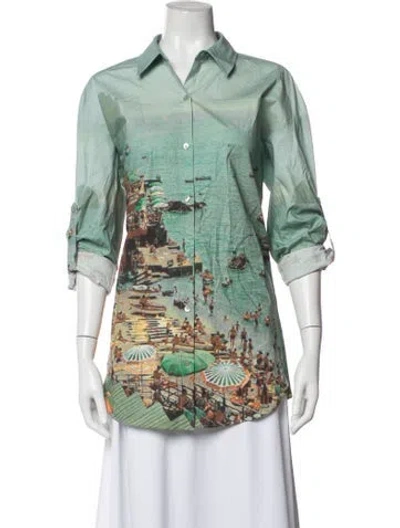 Pre-owned Staud Printed Three-quarter Sleeve Button-up Top In Green