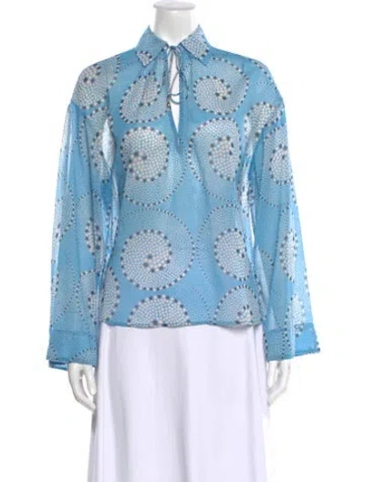 Pre-owned Staud Printed Tie Neck Blouse In Blue
