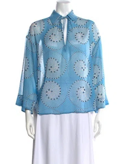 Pre-owned Staud Printed Tie Neck Blouse In Blue