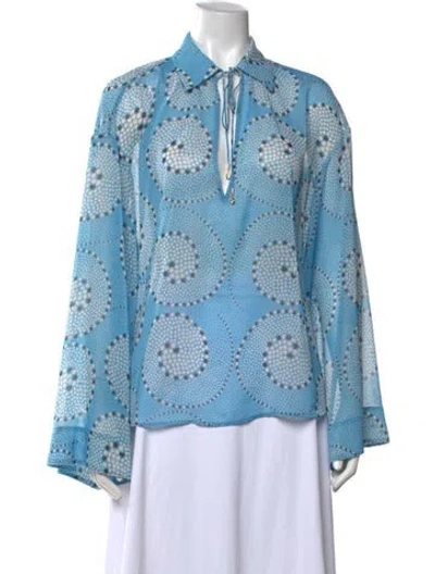 Pre-owned Staud Printed Tie Neck Blouse In Blue