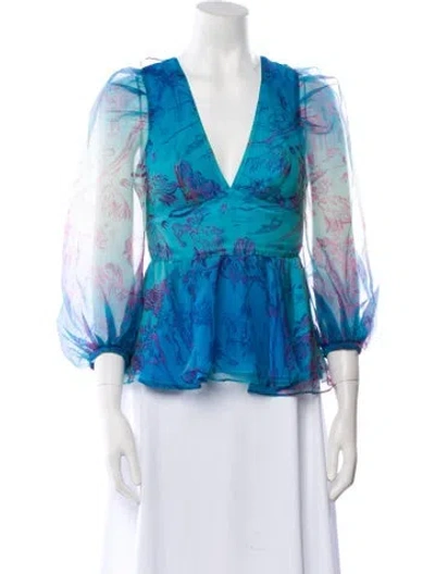 Pre-owned Staud Printed V-neck Blouse In Blue