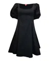 Staud Puff Sleeve Fit And Flare Dress In Black Cotton In Black