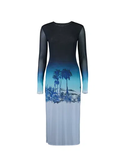 Staud Raven Long-sleeve Print Midi Dress In Blue