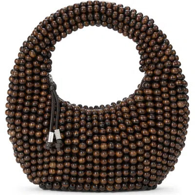 Staud Reef Leather-trimmed Beaded Wood Tote In Brown