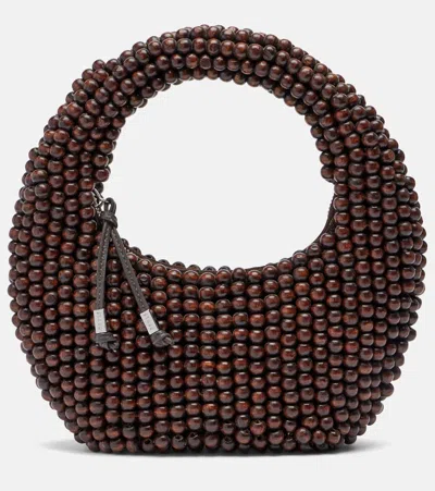 Staud Reef Small Beaded Leather-trimmed Top-handle Bag In Brown